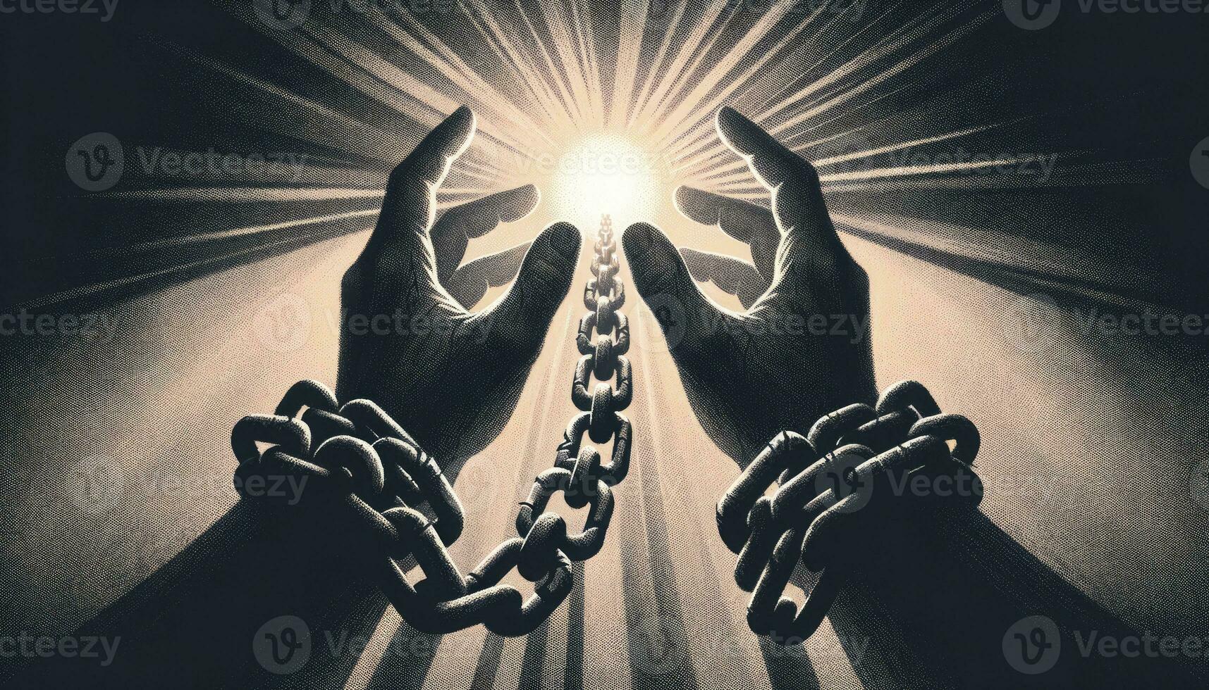 Chained hands reaching out towards a distant, glowing light, portraying the struggle and hope amidst depression. AI Generated photo