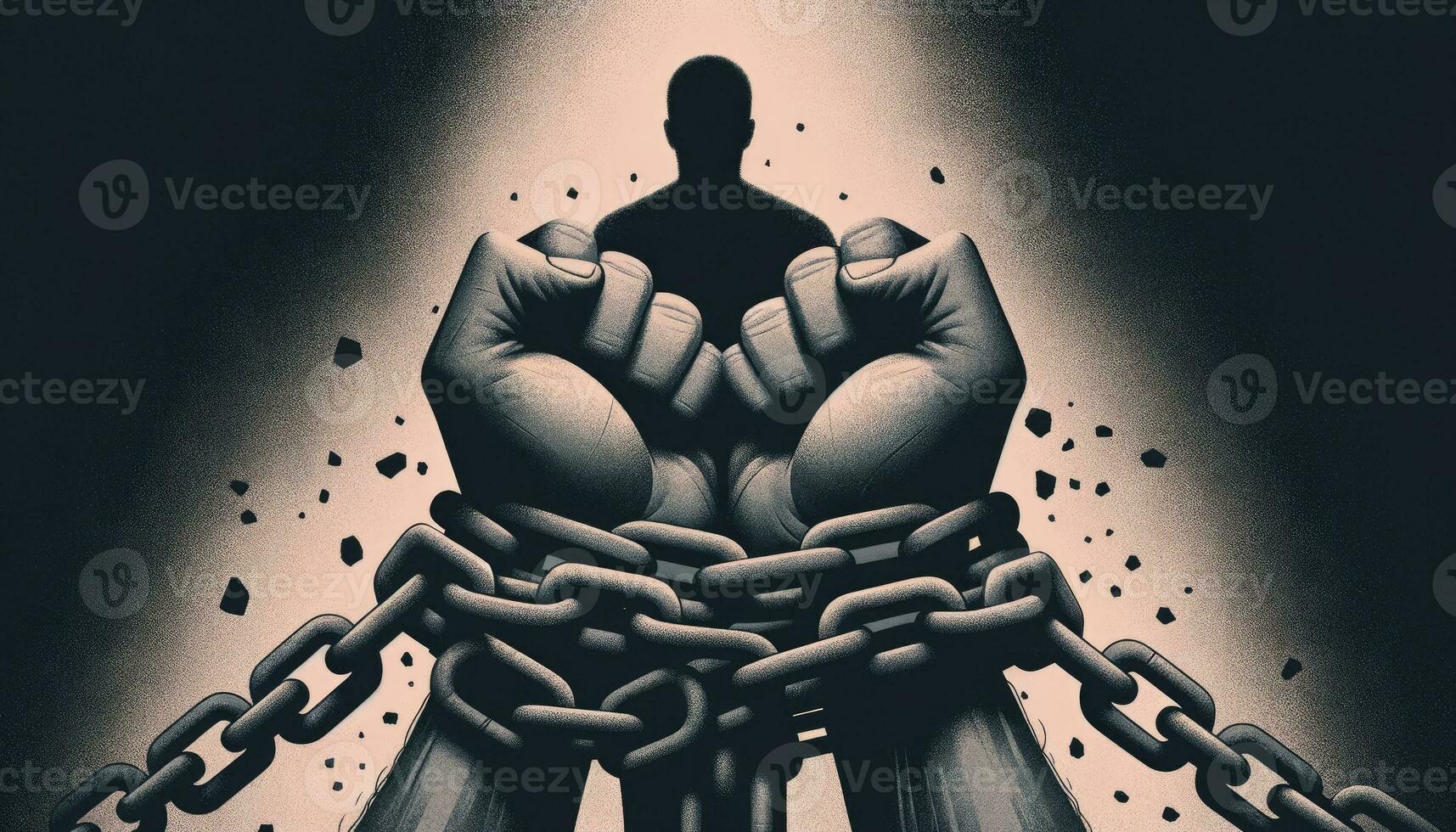 An illustration visualizing the weight and confinement of depression with heavy chains binding a person's wrists and ankles. AI Generated photo