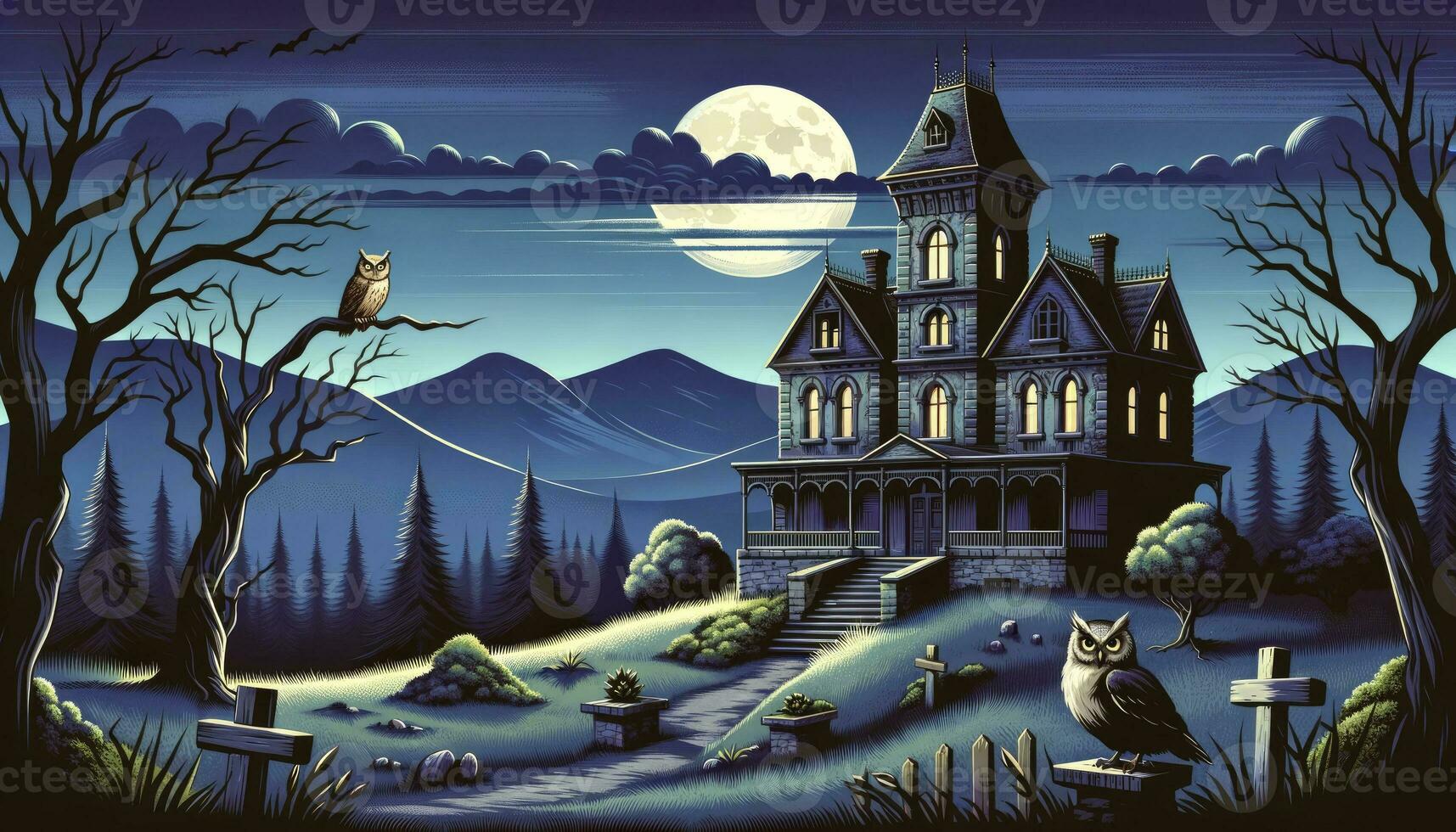 An illustration of an old mansion on a hill with an overgrown garden, a stormy sky, mountains in the distance, and a mysterious owl perched on the turret. AI Generative photo
