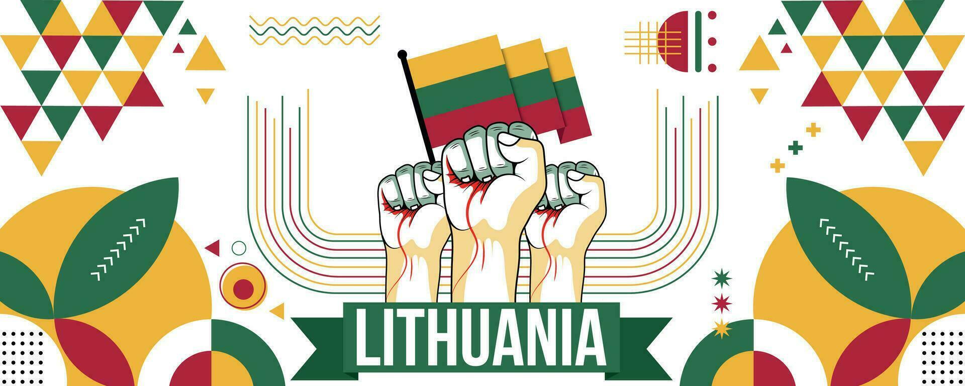 Lithuania national or independence day banner design for country celebration. Flag of Lithuania with raised fists. Modern retro design with abstract geometric icons. Vector illustration.