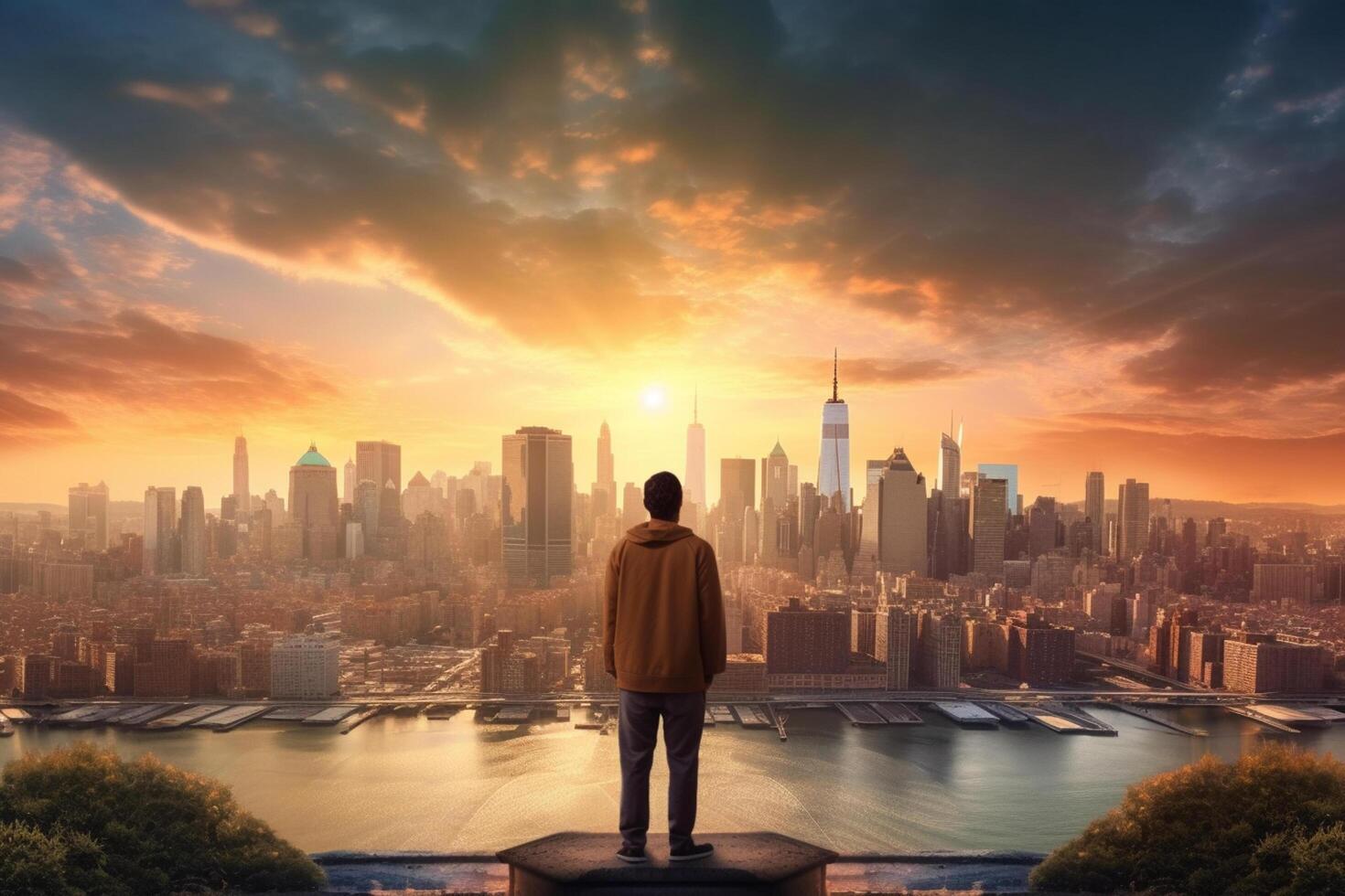 Man looking at the skyscrapers of buildings City at sunset photo