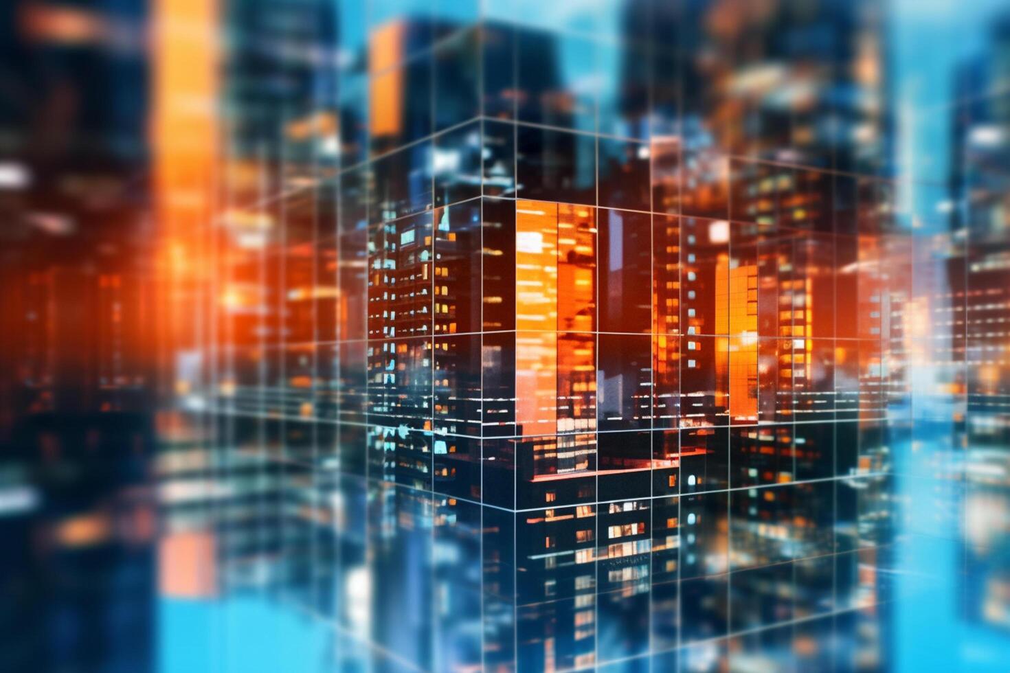 Abstract city background with skyscrapers and reflections. Double exposure. business concept. photo