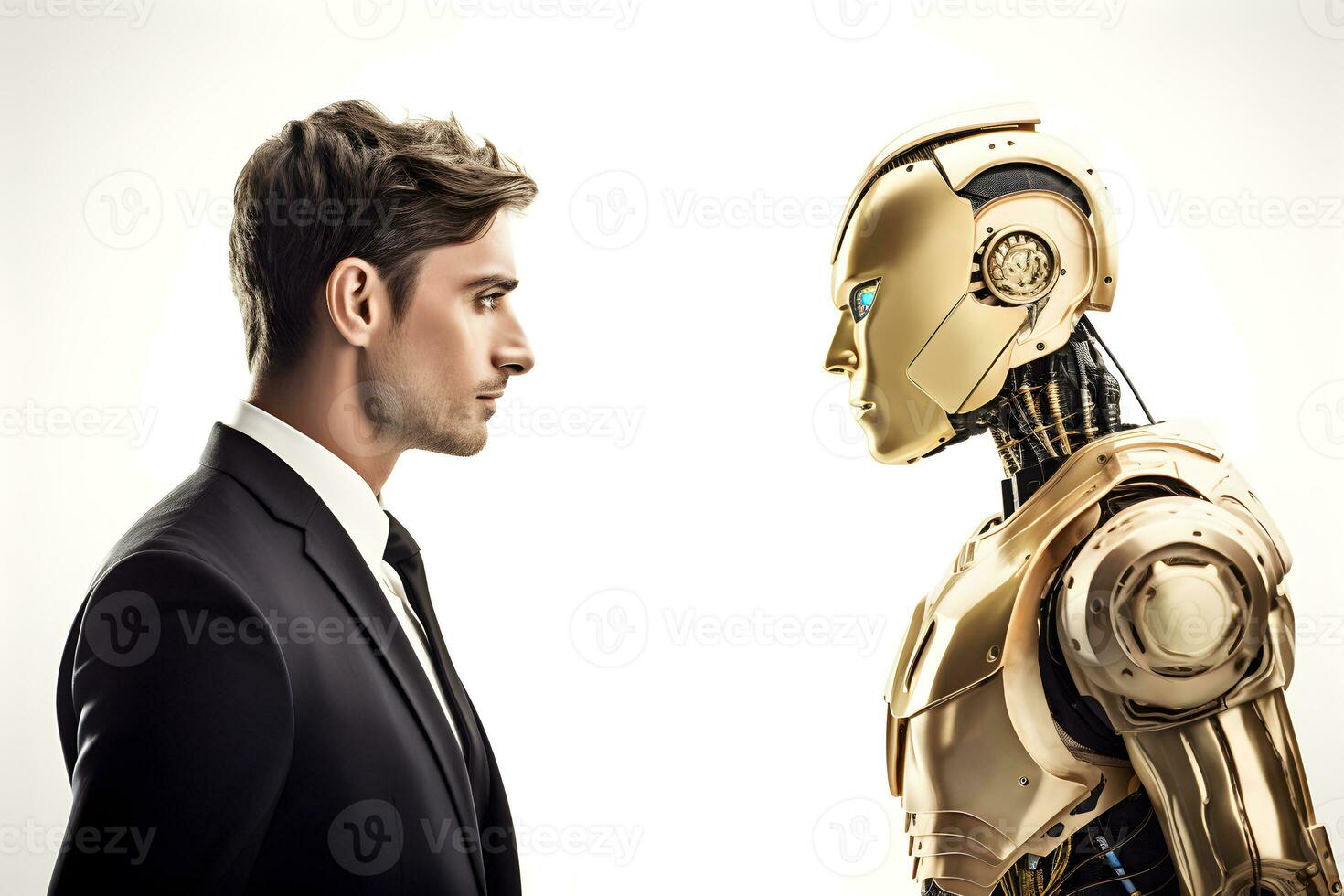 Man and AI robot look at each other. Concept of human and robot war in future. photo