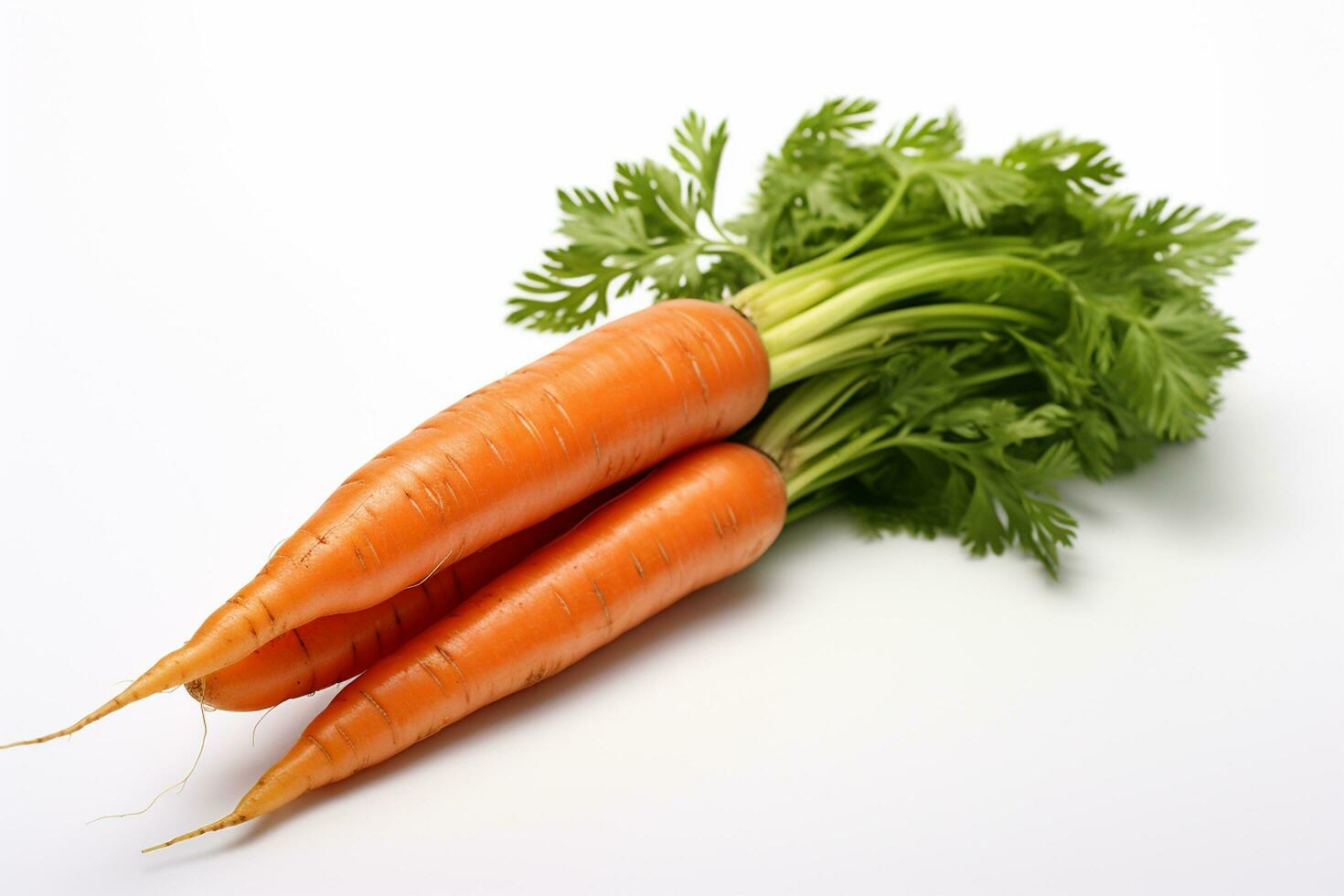 Fresh carrots with green leaves isolated on white background. Studio shot. Ai Generated photo