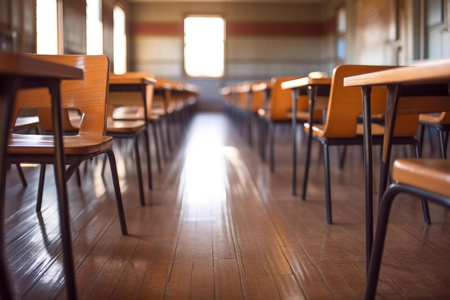 Empty classroom with chairs and tables in school, education and learning concept photo