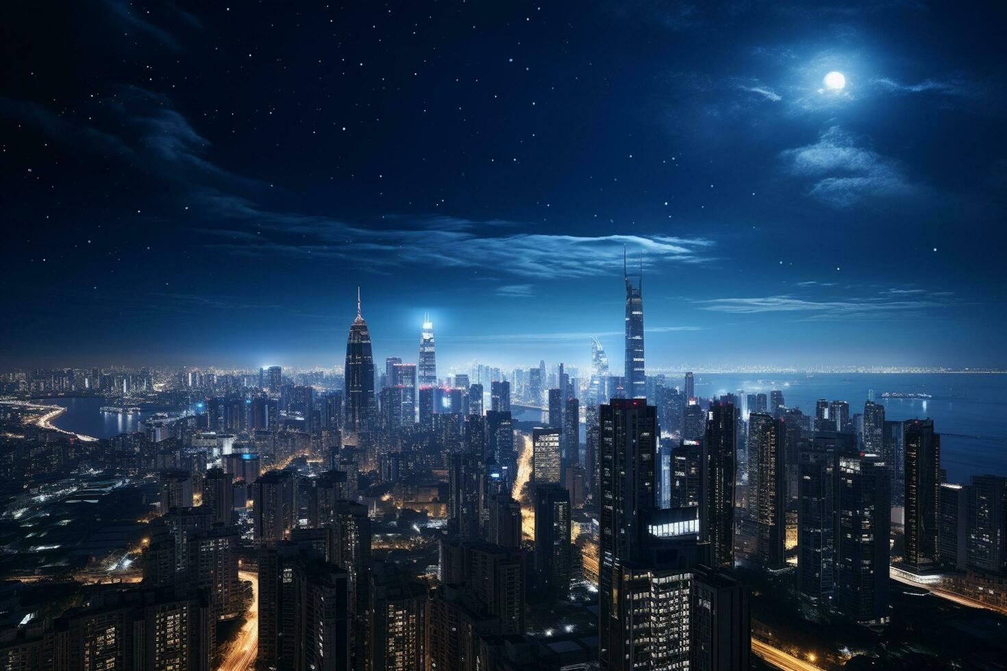 Modern buildings night view with technology network connection Ai Generated Ai Generated photo