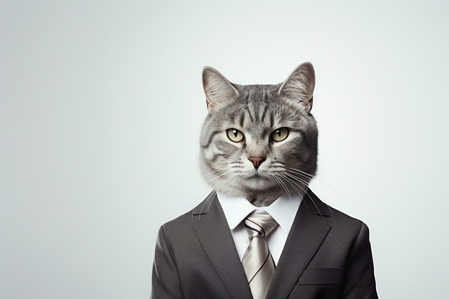retrato de un gato en un traje y Corbata en un blanco antecedentes ai generado foto