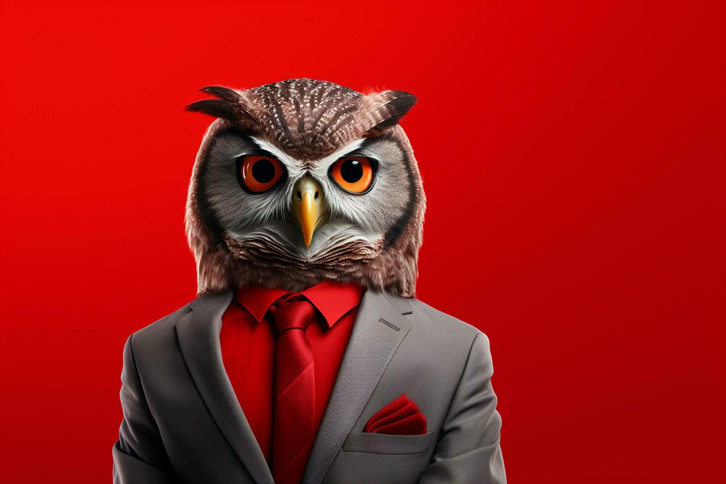 Owl in a business suit and tie on a red background. Ai Generated photo