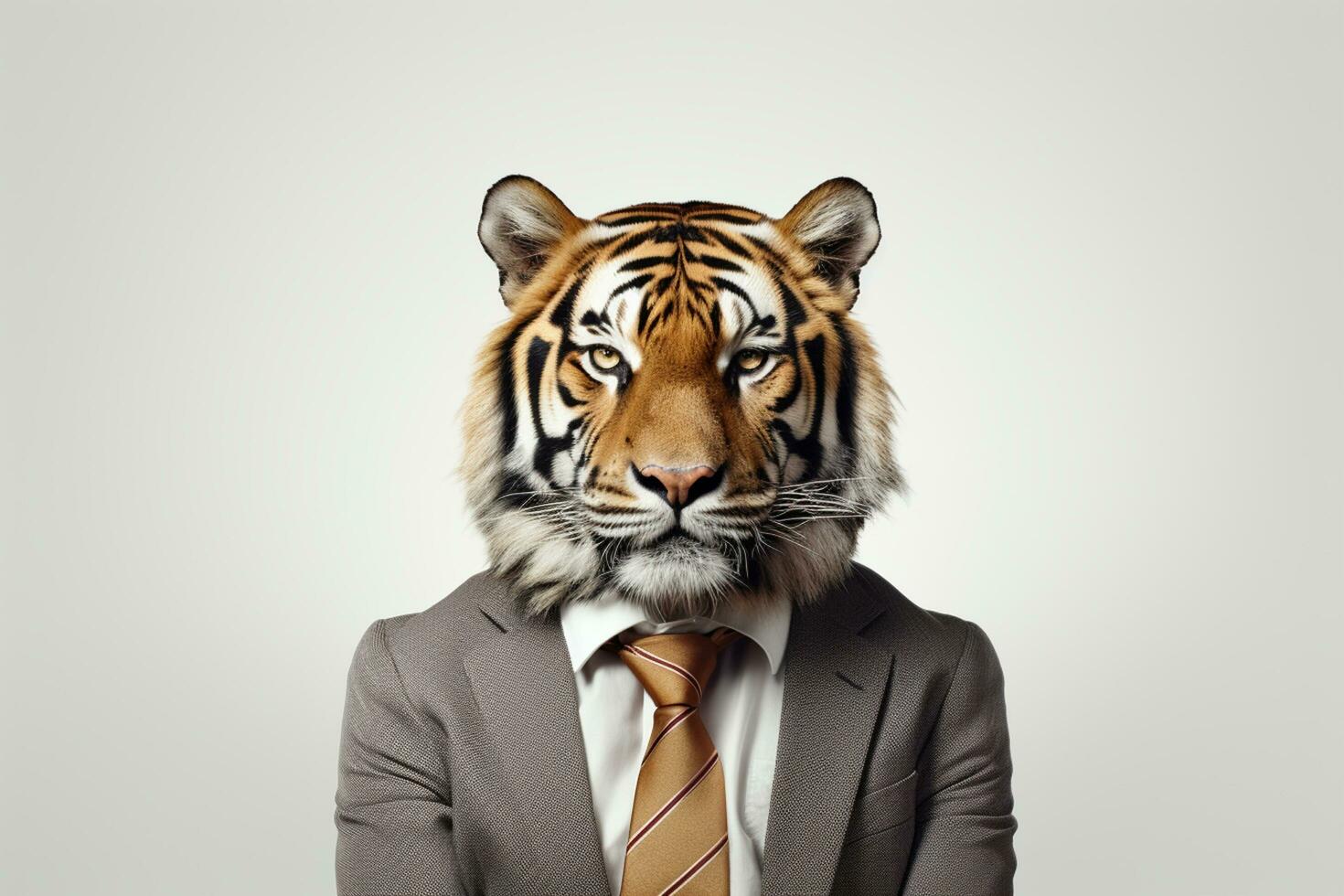 Portrait of a tiger in a businessman suit on a gray background. Ai Generated photo