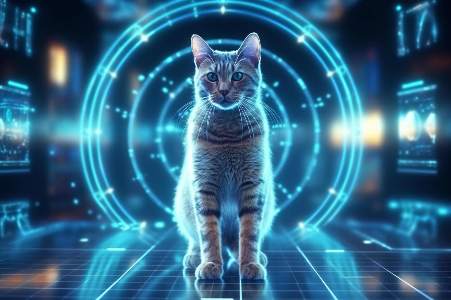 Portrait of a cat on a futuristic background. 3d rendering Ai Generated photo