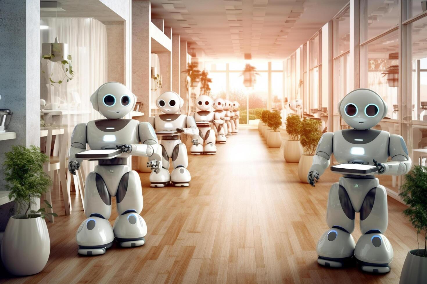 Group of robots in a modern classroom. 3d rendering toned image photo