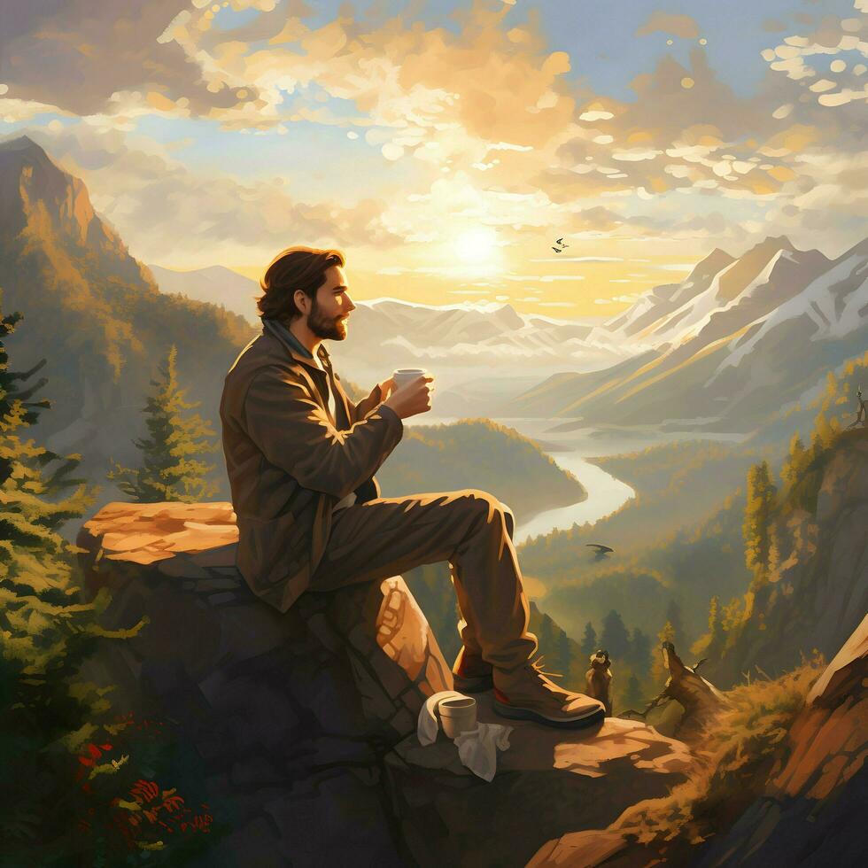 hombre bebida café a montaña ai generativo foto