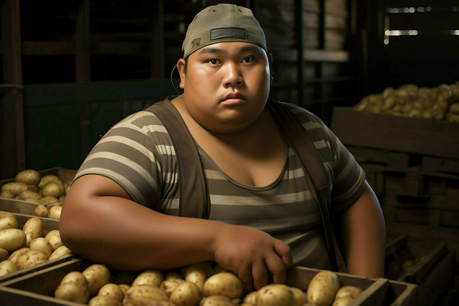 fatty indonesian man at store  ai generative photo