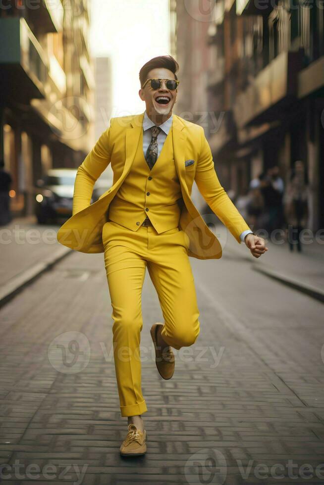 man with yellow suit walk joyful AI Generative photo
