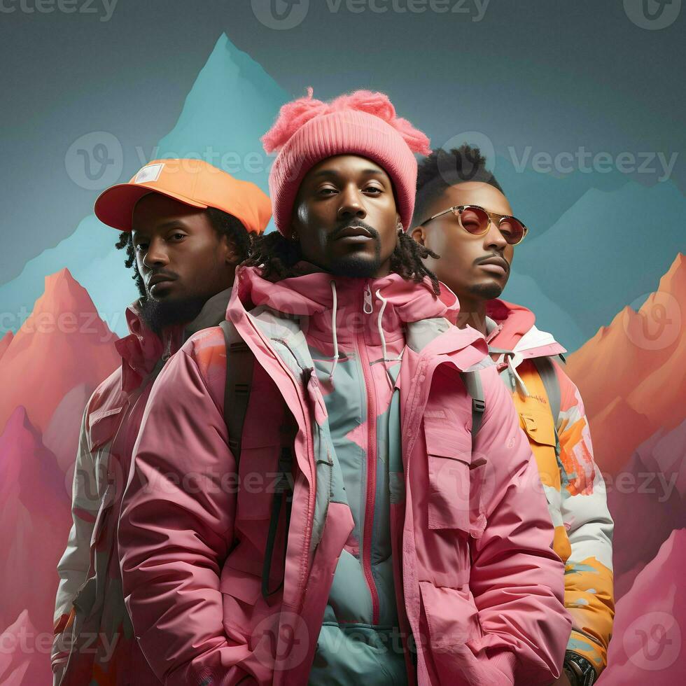group of men wear colorful jacket and bag at mountain AI Generative photo