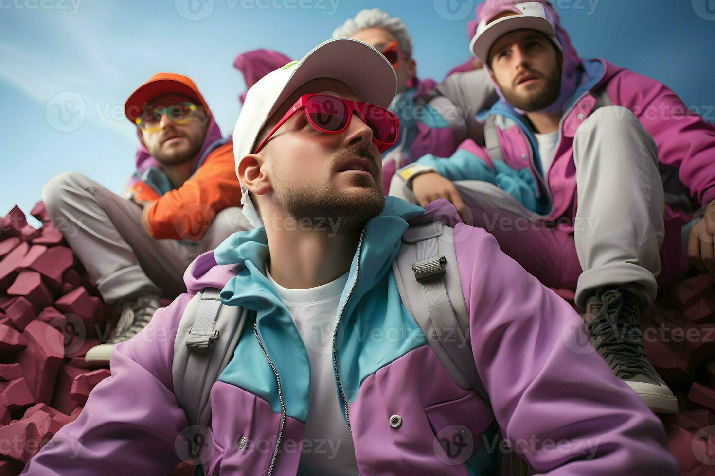 group of men wear colorful jacket and bag at mountain AI Generative photo