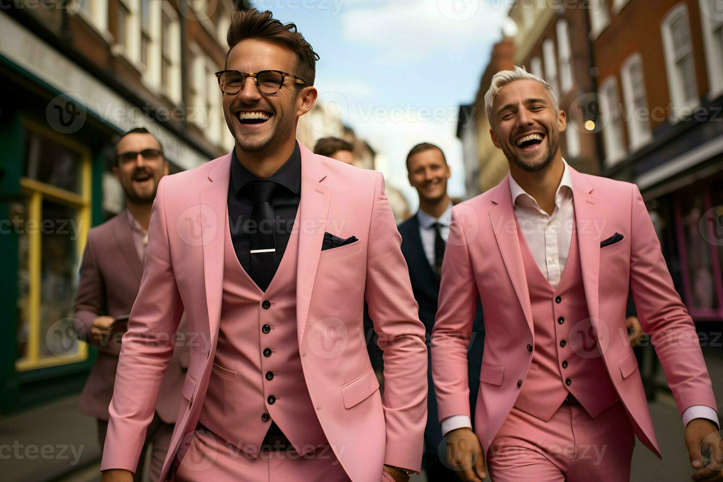 group of men walk around wearing pink suit AI Generative photo