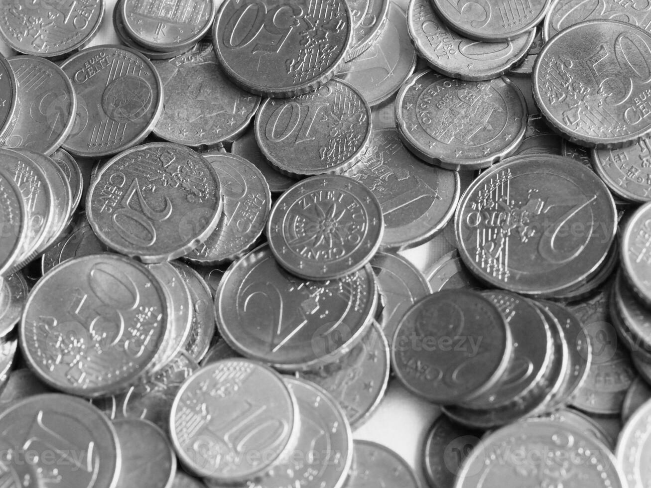 Euro coins, European Union in black and white photo