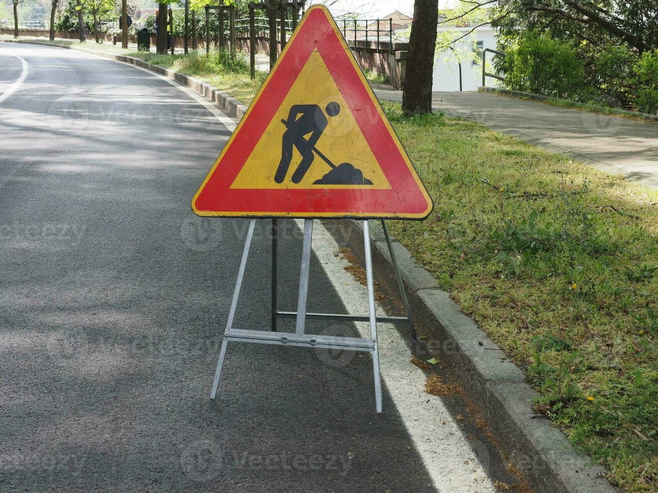 road works sign with copy space photo