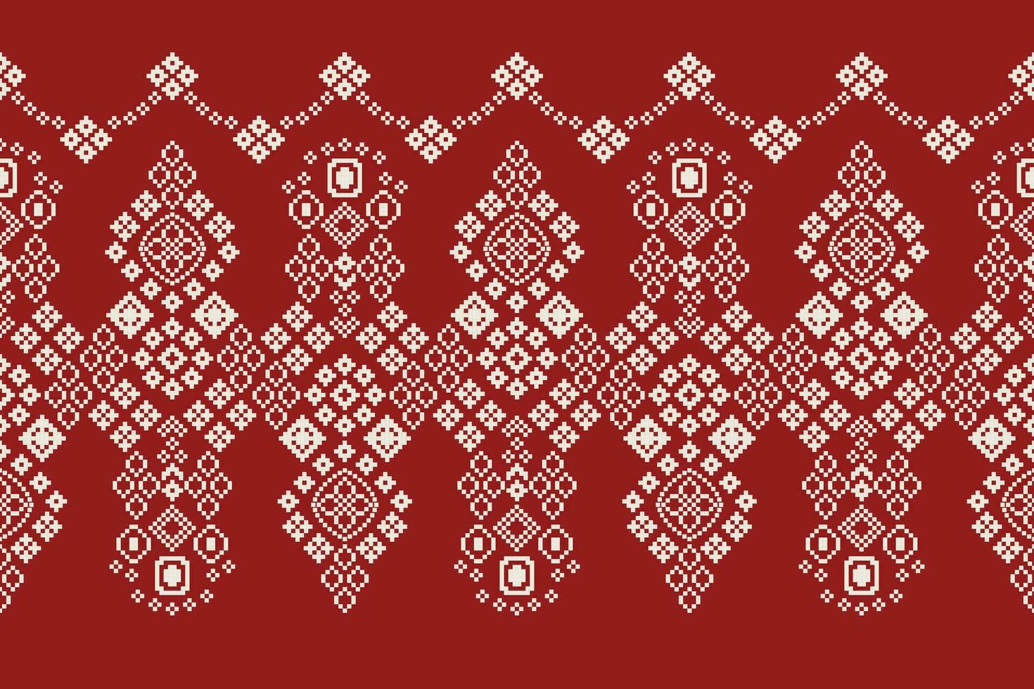 Ethnic geometric fabric pattern Cross Stitch.Ikat embroidery Ethnic oriental Pixel pattern red background. Abstract,vector,illustration. Texture,clothing,frame,decoration,motifs,silk wallpaper. vector