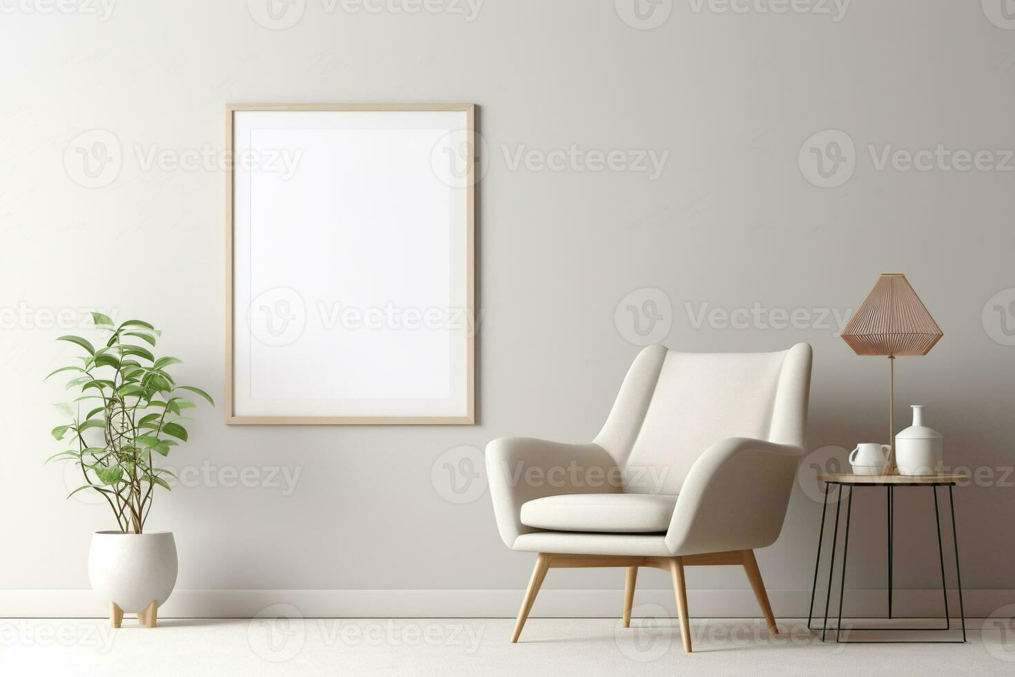 Blank picture vertical frame mockup on a stone white gray wall, boho style, minimalist AI generated photo