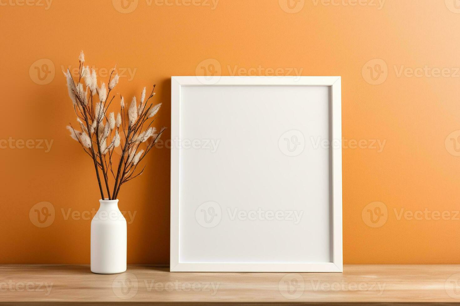 Blank picture vertical frame mockup on a warm orange color wall, boho style, modern, AI generated photo