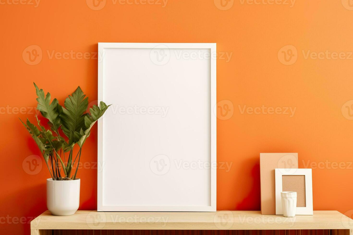 Blank picture vertical frame mockup on a warm orange color wall, boho style, modern, AI generated photo