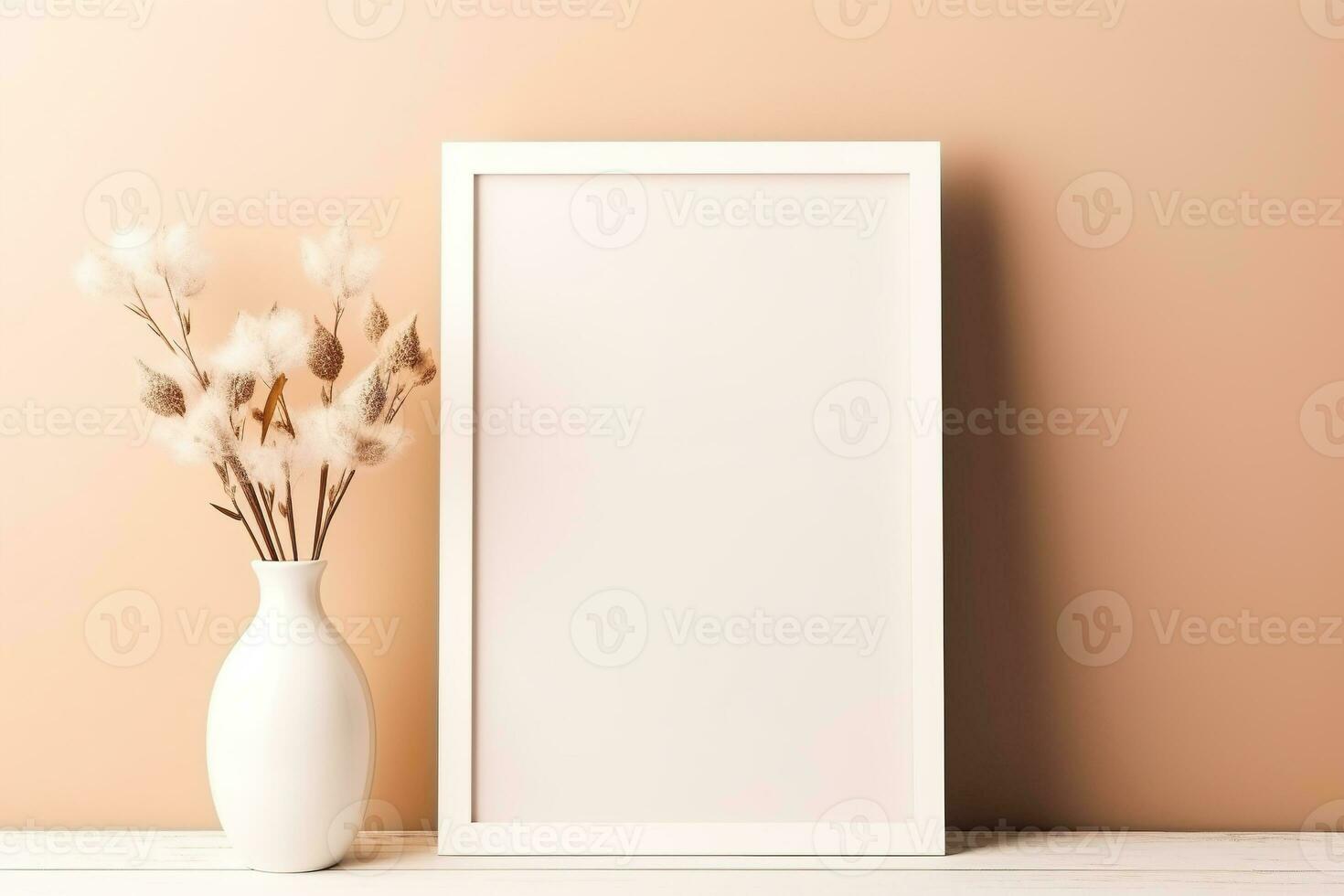 Blank picture vertical frame mockup on a warm orange color wall, boho style, modern, AI generated photo
