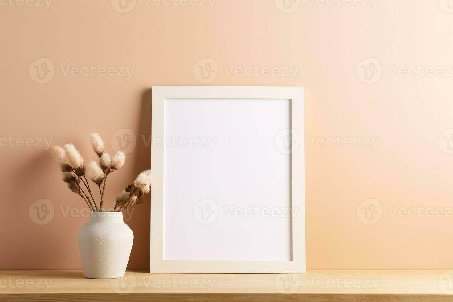 Blank picture vertical frame mockup on a warm orange color wall, boho style, modern, AI generated photo