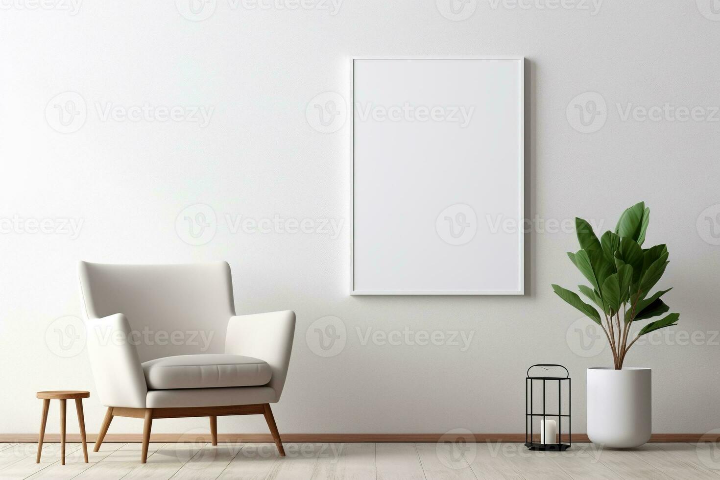 Blank picture vertical frame mockup on a stone white gray wall, boho style, minimalist AI generated photo