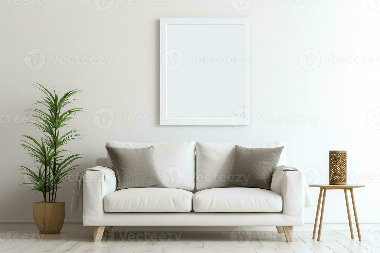 Blank picture vertical frame mockup on a stone white gray wall, boho style, minimalist AI generated photo