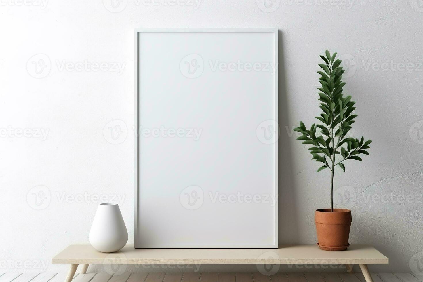 Blank picture vertical frame mockup on a stone white gray wall, boho style, minimalist AI generated photo