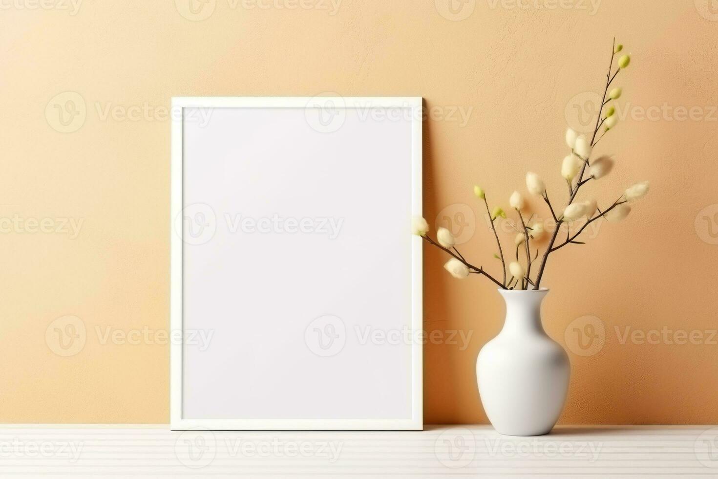 Blank picture vertical frame mockup on a warm orange color wall, boho style, modern, AI generated photo