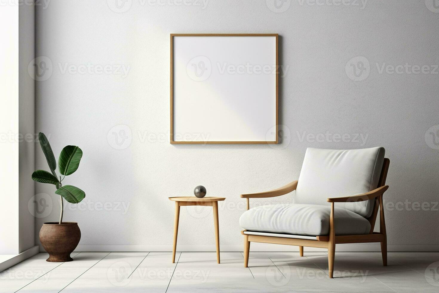 Blank picture vertical frame mockup on a stone white gray wall, boho style, minimalist AI generated photo