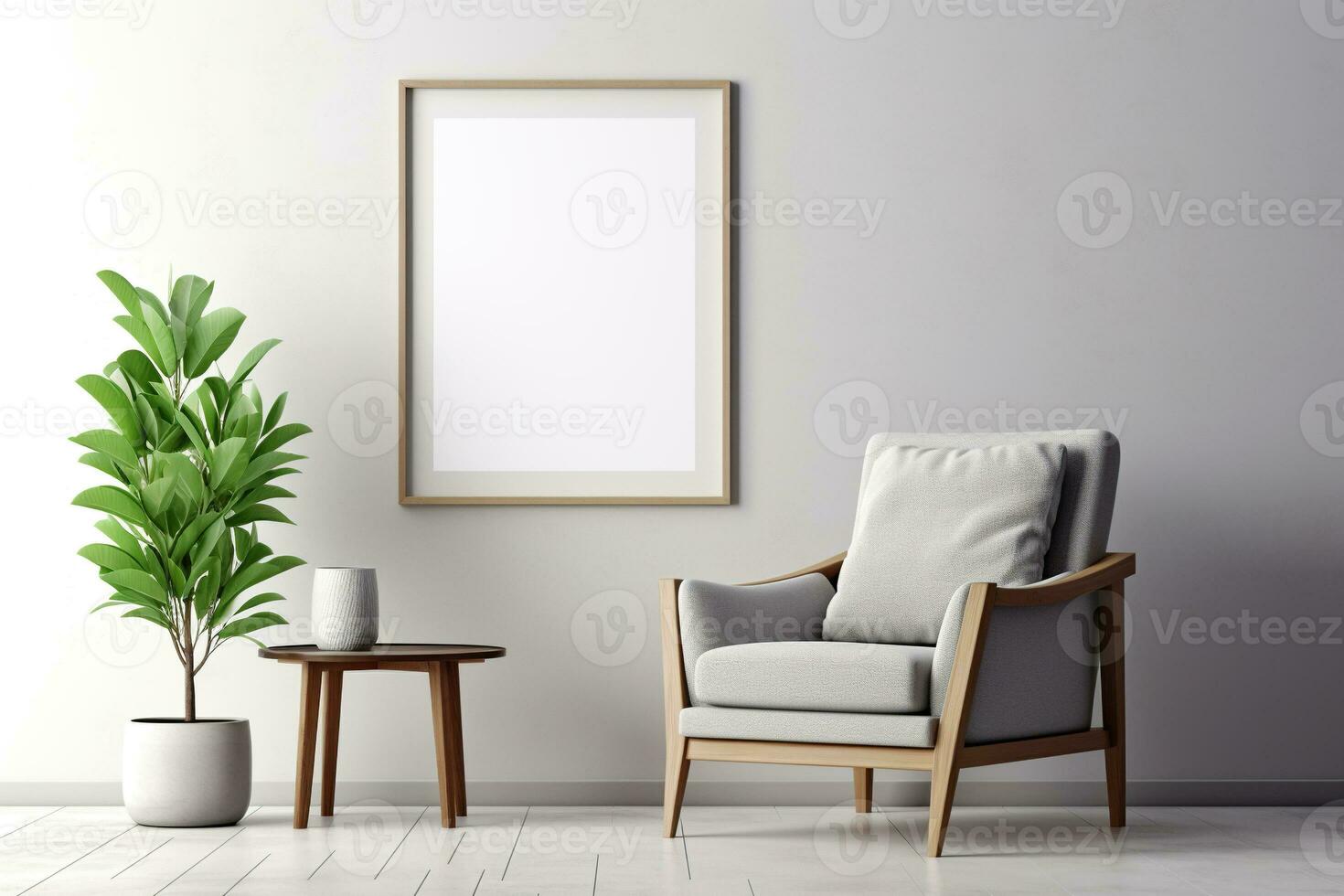 Blank picture vertical frame mockup on a stone white gray wall, boho style, minimalist AI generated photo