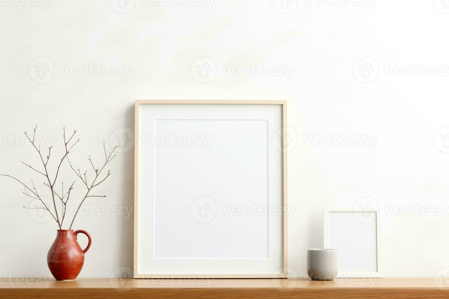 Blank picture vertical frame mockup on a stone white gray wall, boho style, minimalist AI generated photo