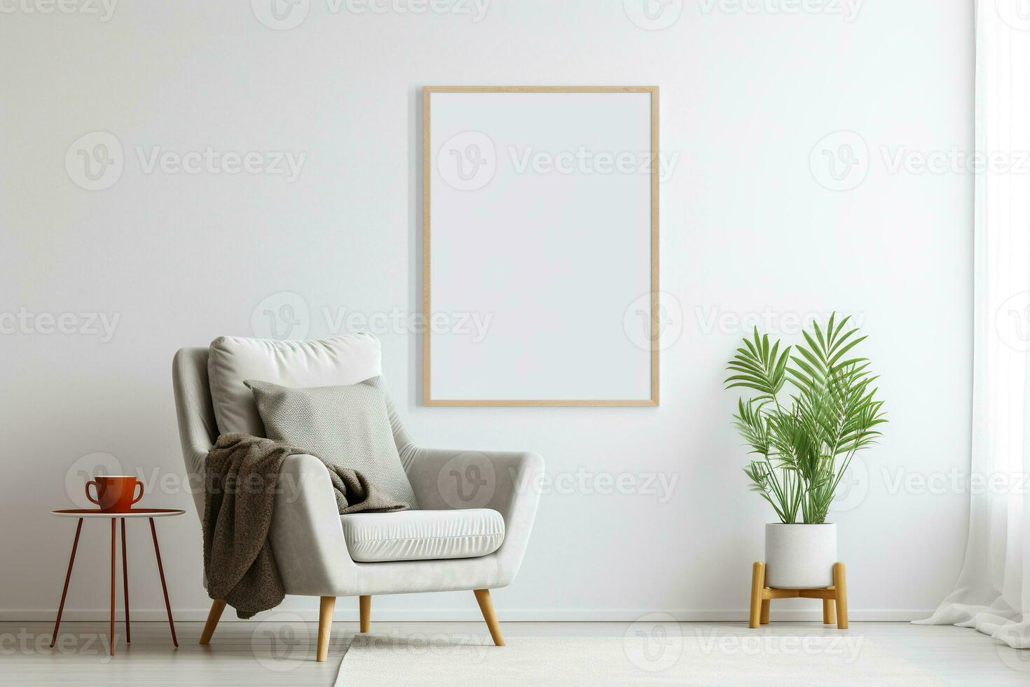 Blank picture vertical frame mockup on a stone white gray wall, boho style, minimalist AI generated photo