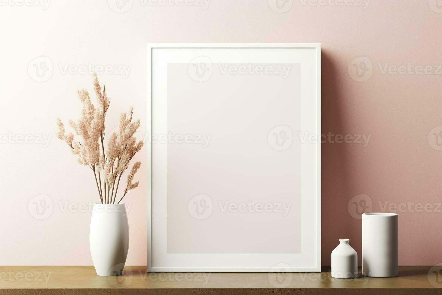 Blank picture vertical frame mockup on a warm orange color wall, boho style, modern, AI generated photo