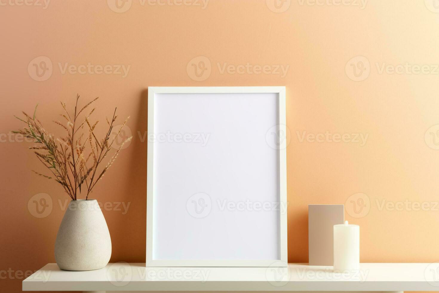 Blank picture vertical frame mockup on a warm orange color wall, boho style, modern, AI generated photo