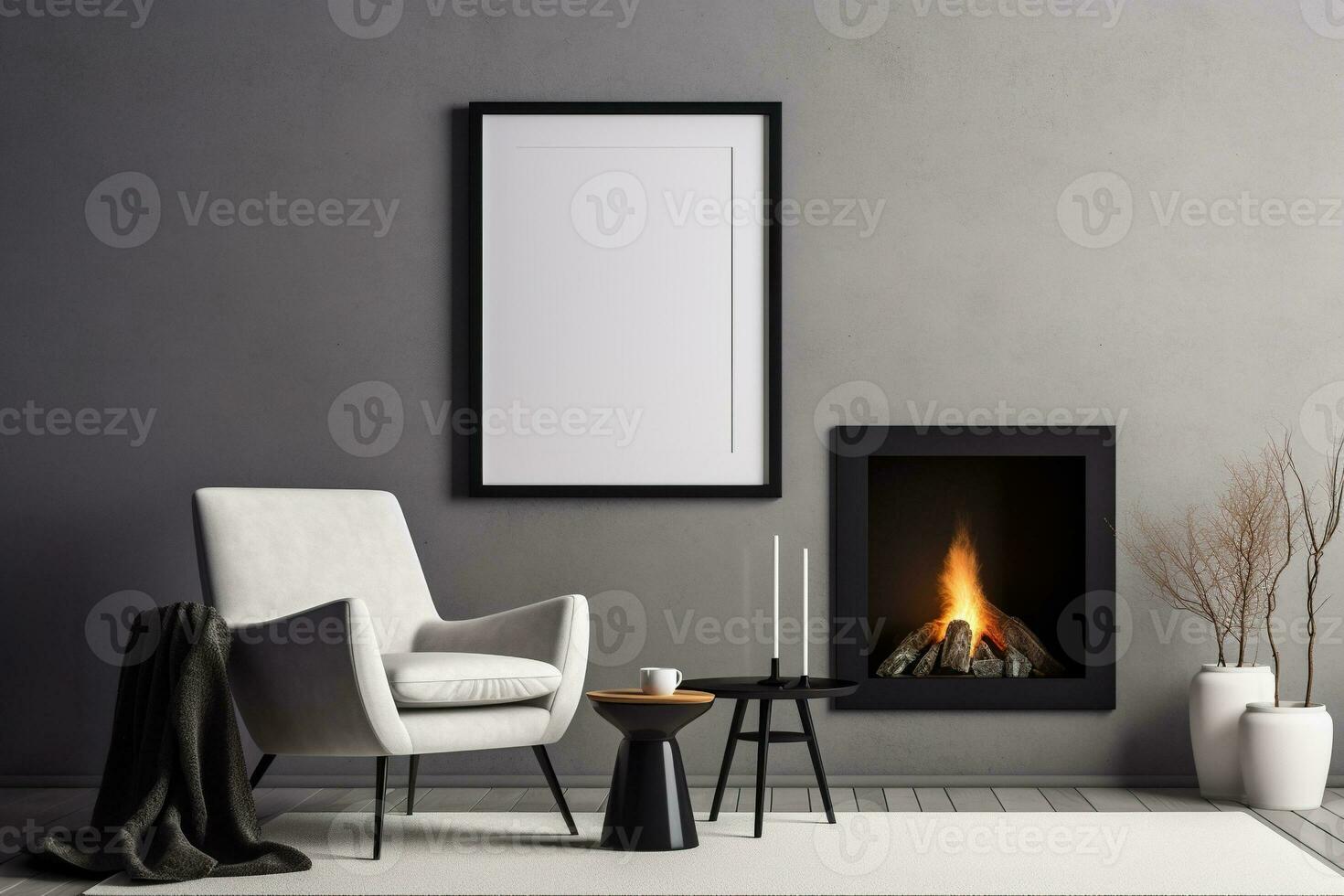 Blank picture vertical frame mockup on a stone white gray wall, boho style, minimalist AI generated photo