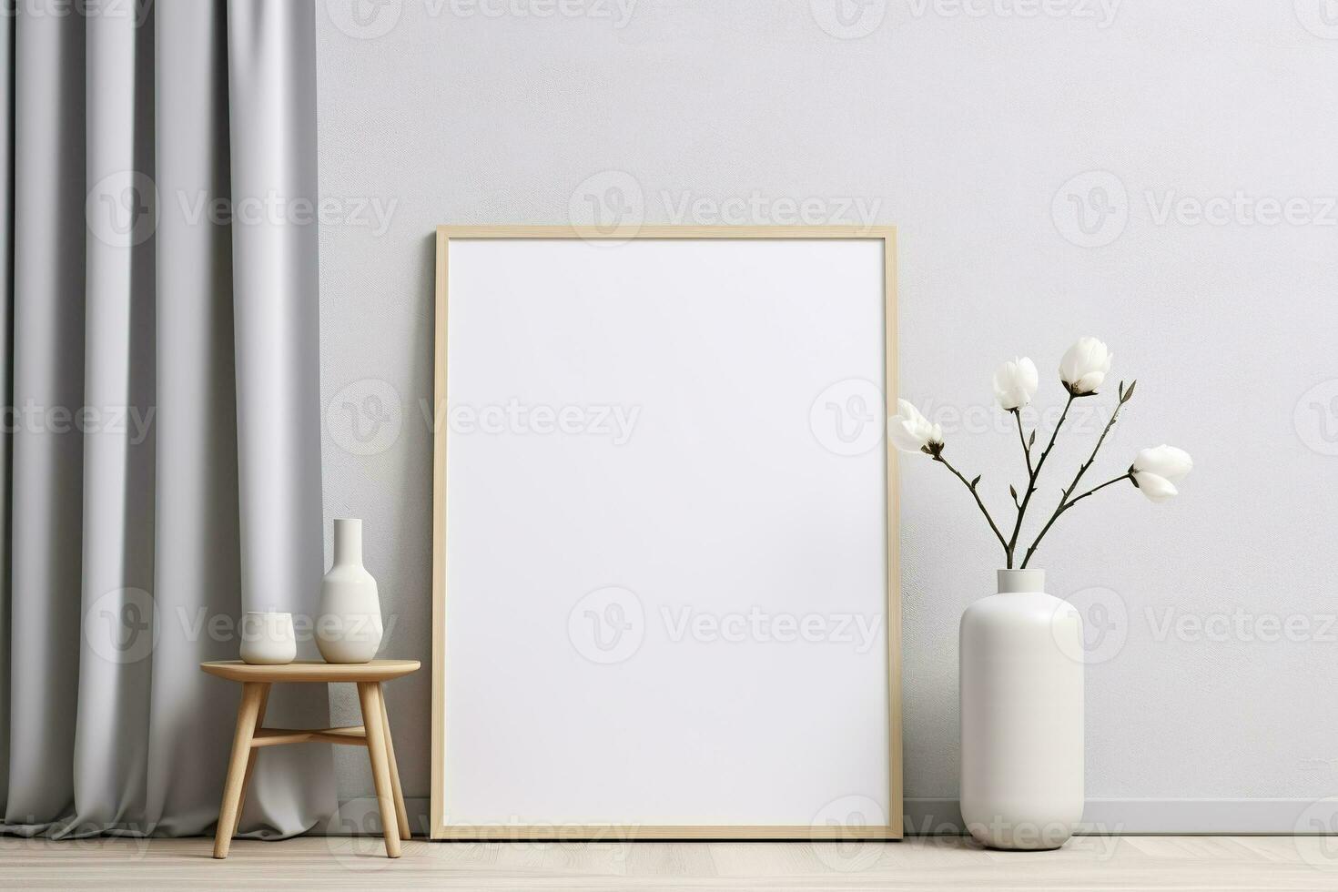 Blank picture vertical frame mockup on a stone white gray wall, boho style, minimalist AI generated photo