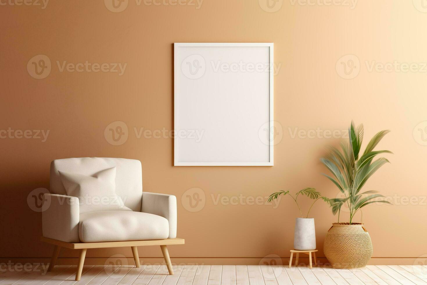 Blank picture vertical frame mockup on a warm orange color wall, boho style, modern, AI generated photo