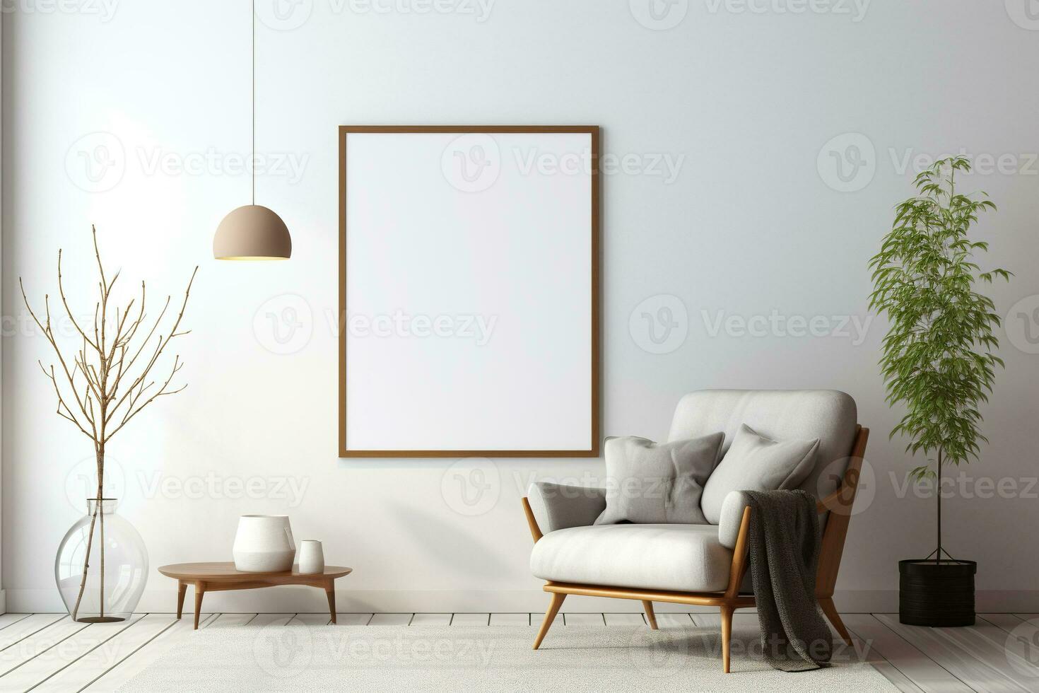 Blank picture vertical frame mockup on a stone white gray wall, boho style, minimalist AI generated photo