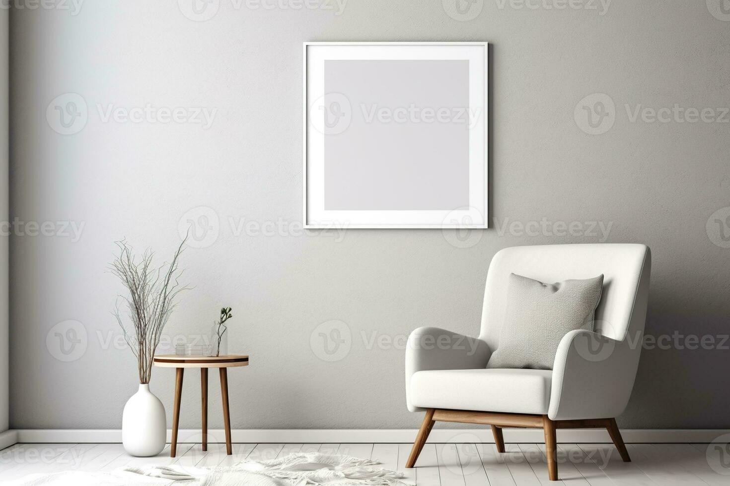 Blank picture vertical frame mockup on a stone white gray wall, boho style, minimalist AI generated photo