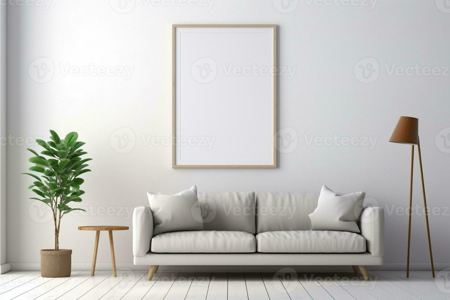 Blank picture vertical frame mockup on a stone white gray wall, boho style, minimalist AI generated photo