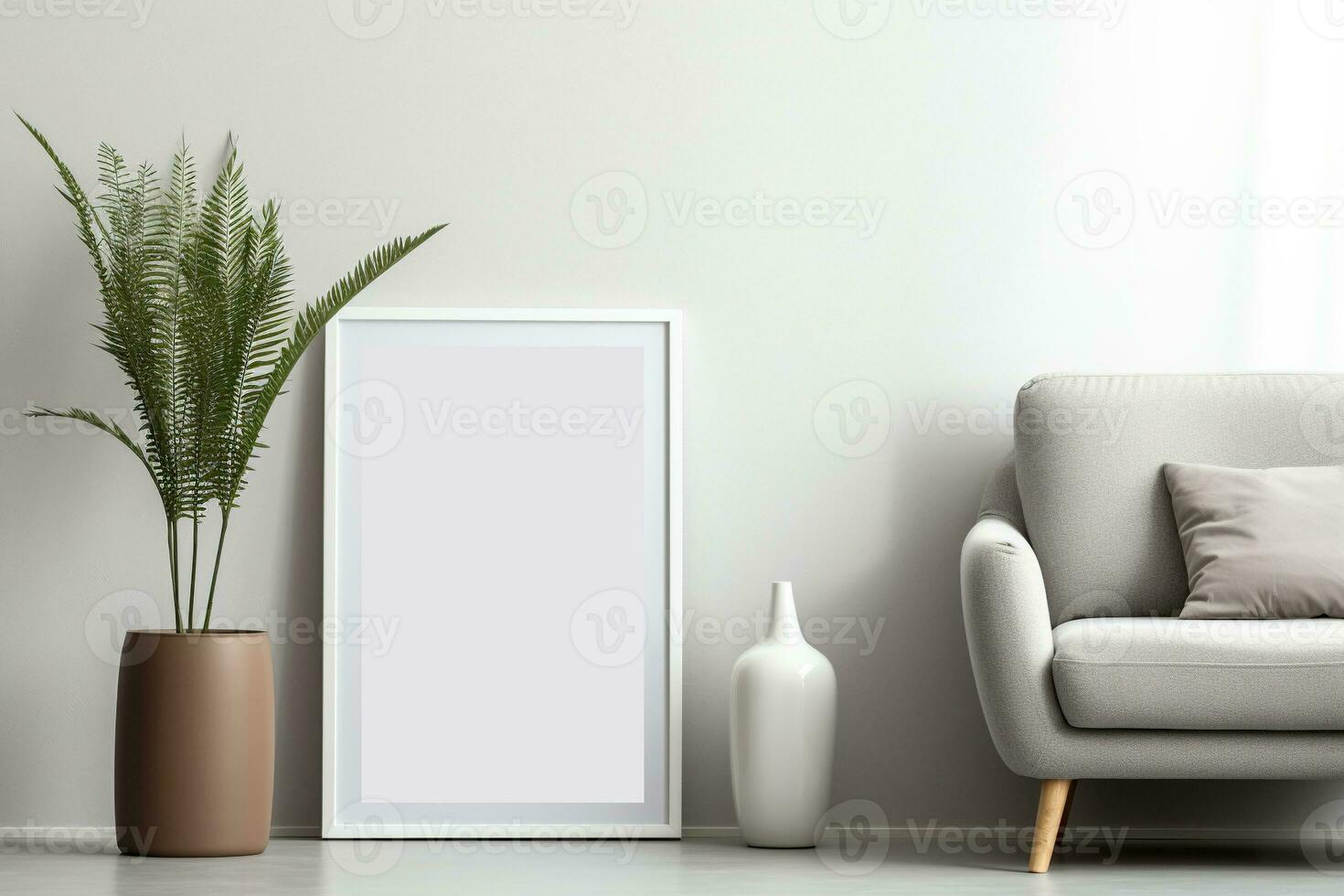 Blank picture vertical frame mockup on a stone white gray wall, boho style, minimalist AI generated photo