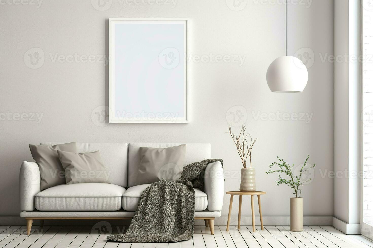 Blank picture vertical frame mockup on a stone white gray wall, boho style, minimalist AI generated photo