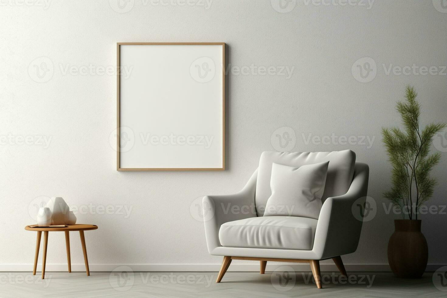 Blank picture vertical frame mockup on a stone white gray wall, boho style, minimalist AI generated photo