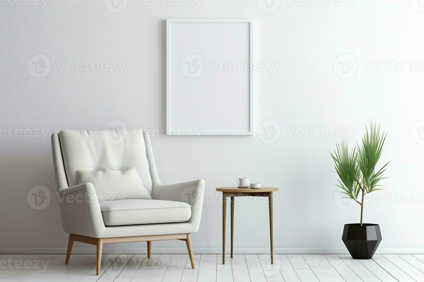 Blank picture vertical frame mockup on a stone white gray wall, boho style, minimalist AI generated photo