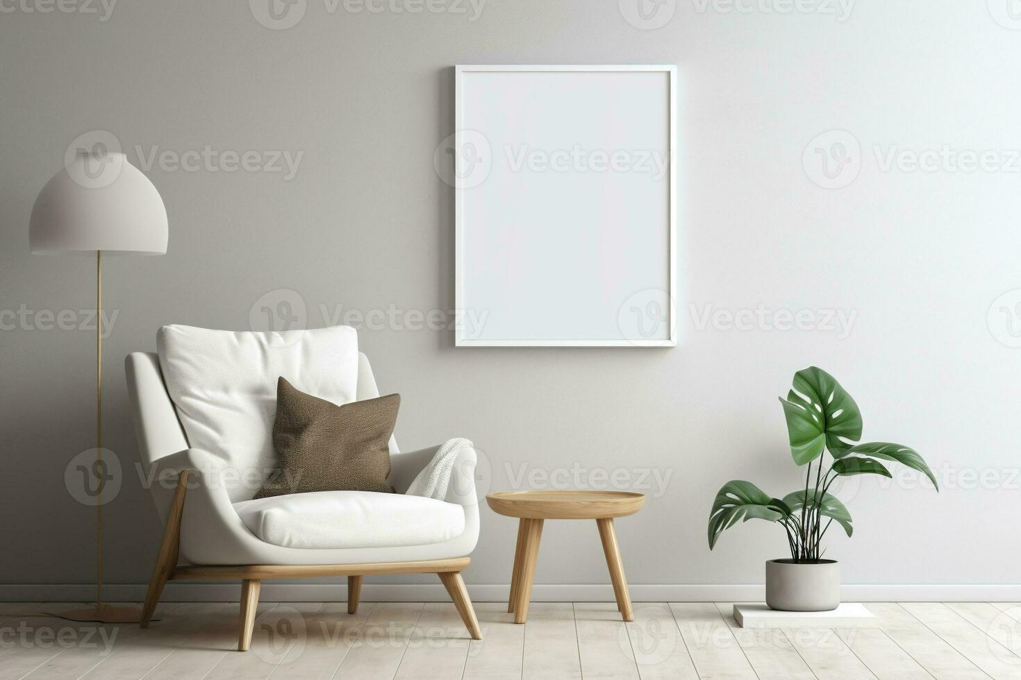Blank picture vertical frame mockup on a stone white gray wall, boho style, minimalist AI generated photo